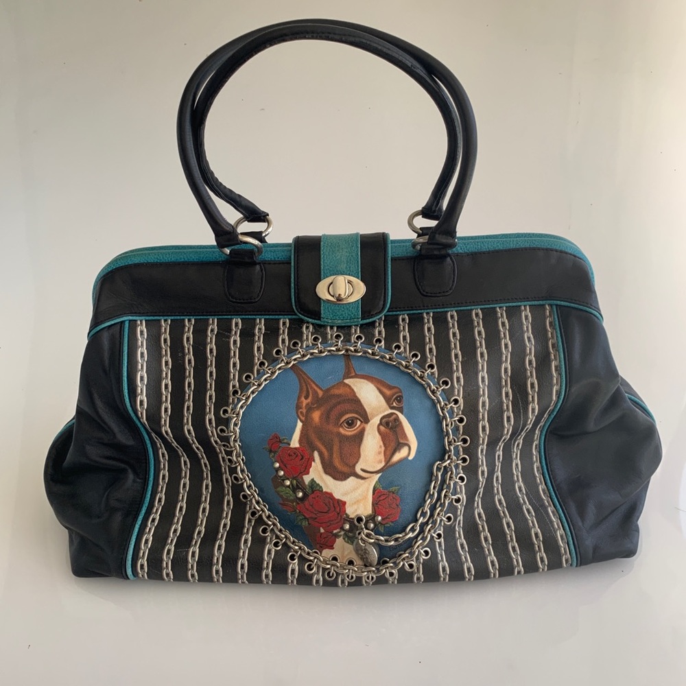 Isabella Fiore boston terrier red roses chain bag